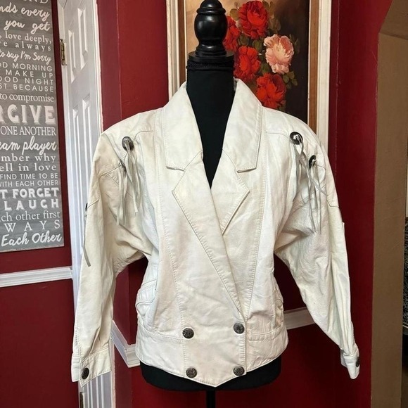 Jackets & Blazers - Vtg Greater Fashion Western Fringe Cropped Leather M Jacket 80's Shoulder Pads